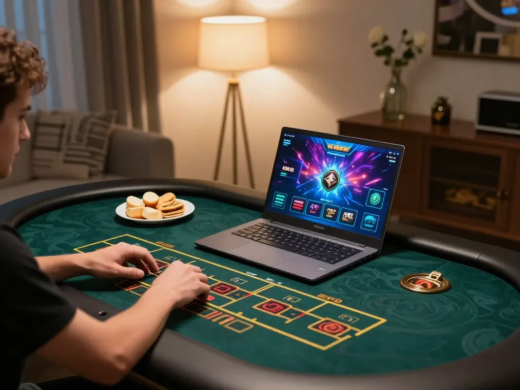 Sunwin online gaming setup with player enjoying table games in a cozy atmosphere.