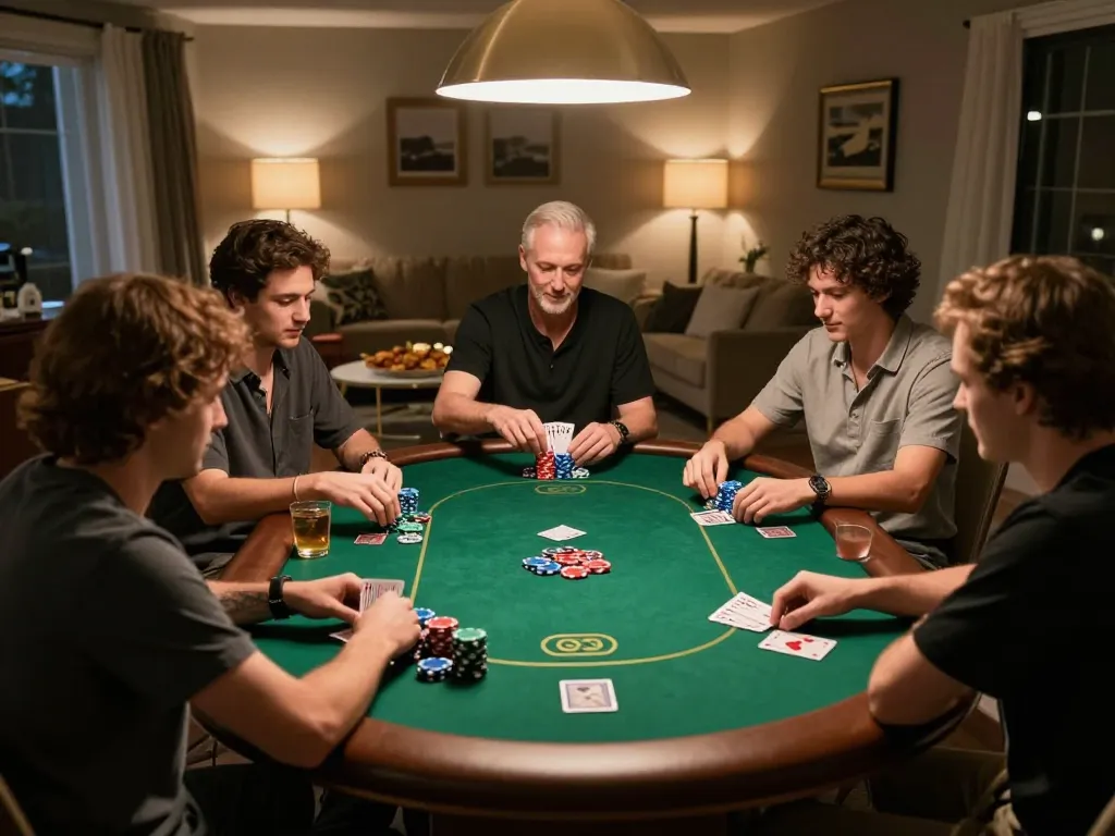 Players enjoying a thrilling poker game at home while strategizing their bets using 22ff.