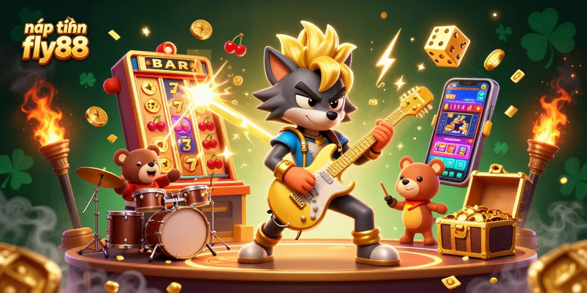 Experience nạp tiền fly88 with an electrifying casino atmosphere featuring a rock star wolf and casino elements.