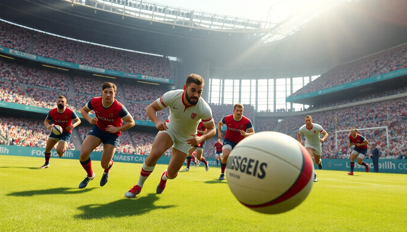 Action packed rugby match scene depicting paris match rugby in a thrilling atmosphere.