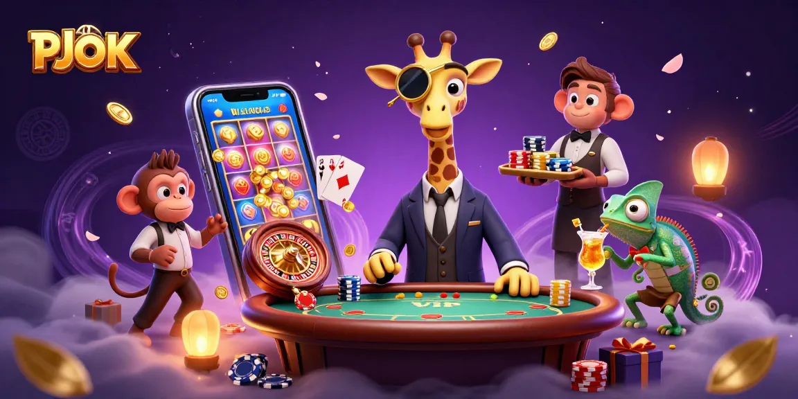 Join the gaming excitement at PJOK with a vibrant scene of casino characters and games.