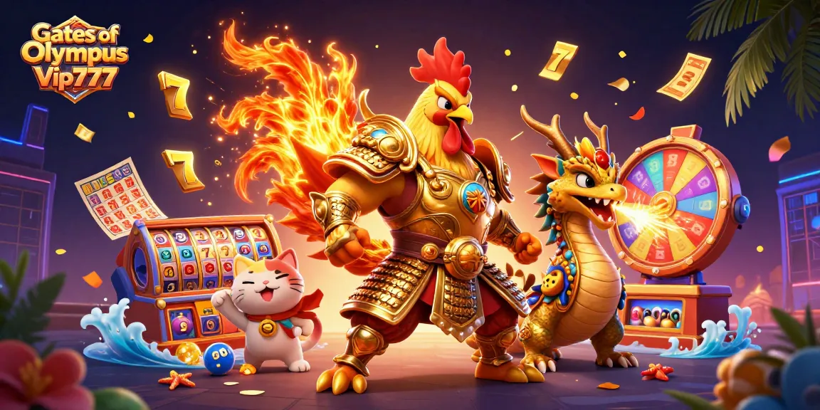 Win big with Gates of Olympus Vip777 in this dynamic slot scene featuring roaring characters and vibrant game elements!