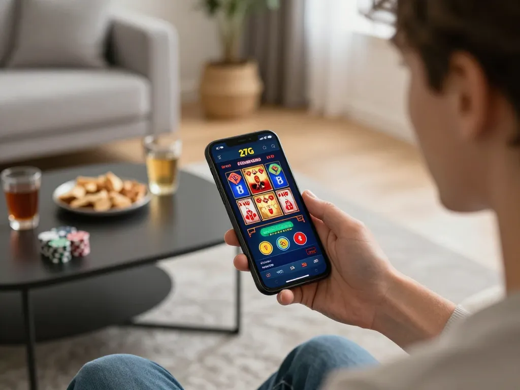 Engaging mobile gaming scene on the 27G app showcasing poker action in a cozy home setting