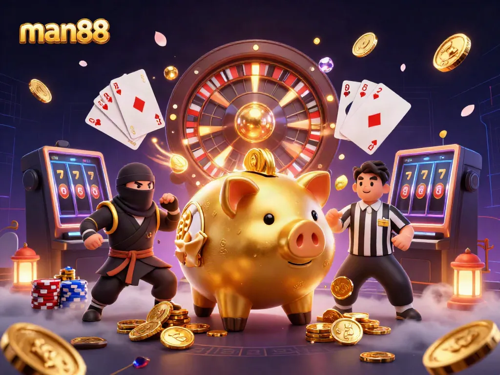 Experience thrilling gameplay with man88's vibrant casino scene featuring golden coins and dynamic characters.
