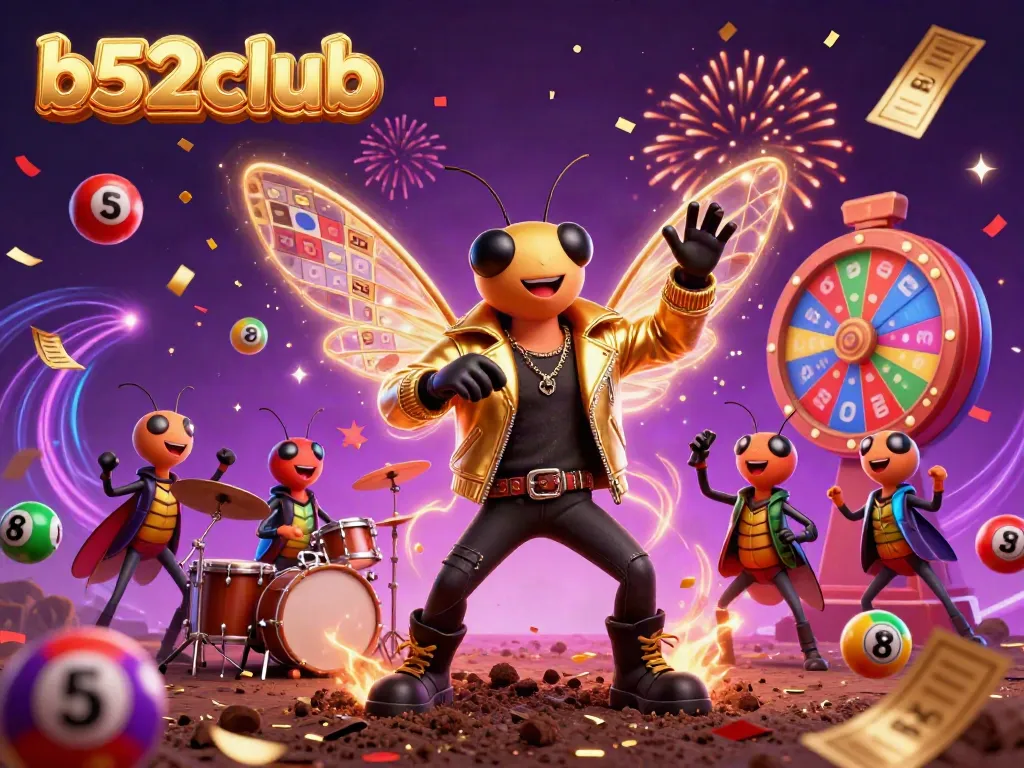 Engage with thrilling games at b52club with an exciting 3D illustration of characters celebrating casino winnings dynamically.