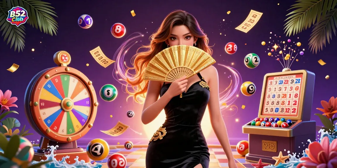 B52 Club interactive gaming illustration showcasing vibrant lottery elements and a captivating character.
