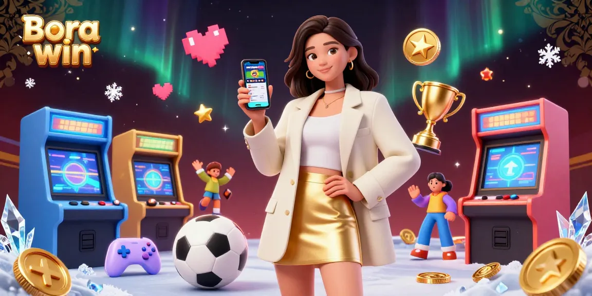 Aplicativo de apostas esportivas Bora Win apresentado por uma mulher asiática amigável, cercada por elementos de jogos empolgantes.