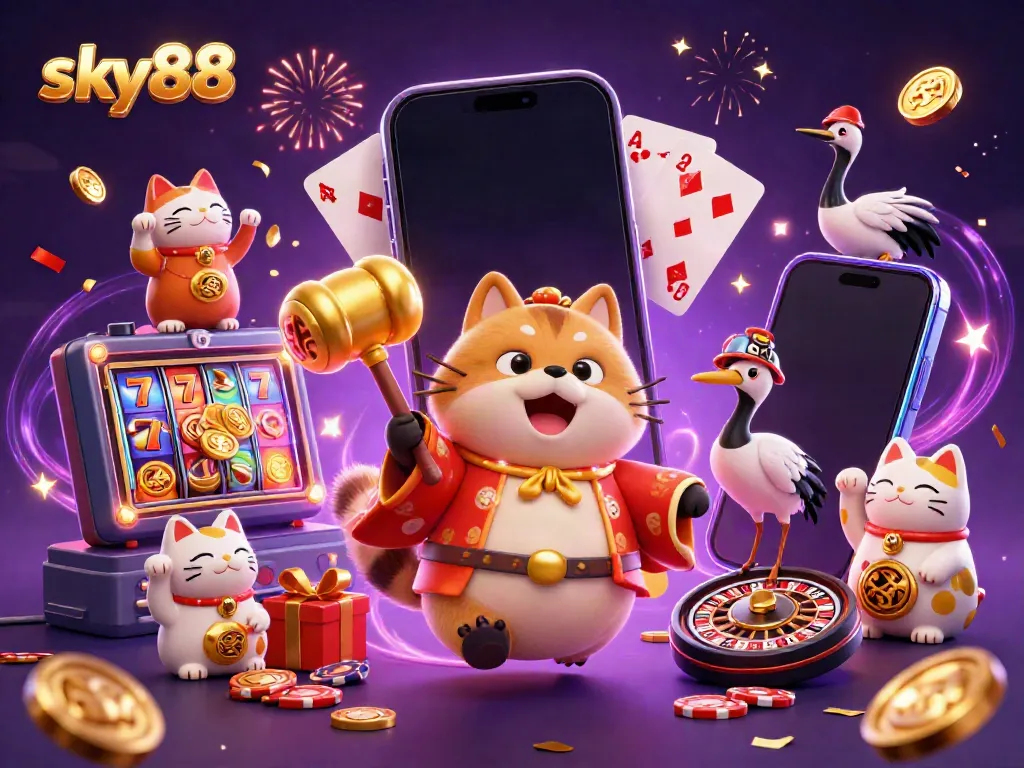 Engaging sky88 illustration of a tanuki, crane, and fortune cats celebrating with casino elements.