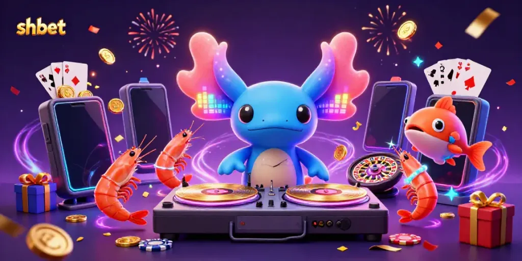 Spin reels and win big with sh bet, featuring lively axolotl DJ and colorful casino elements.