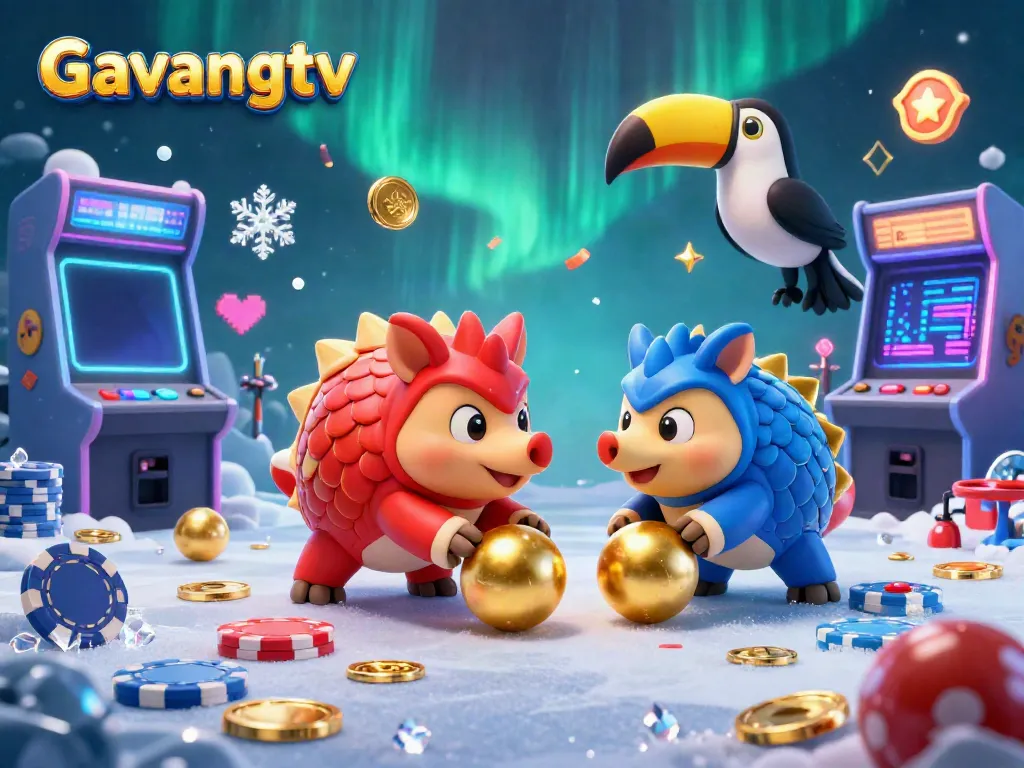 Experience the thrilling dynamic of Gavangtv with rival pangolins bowling through golden chips in a colorful casino scene.