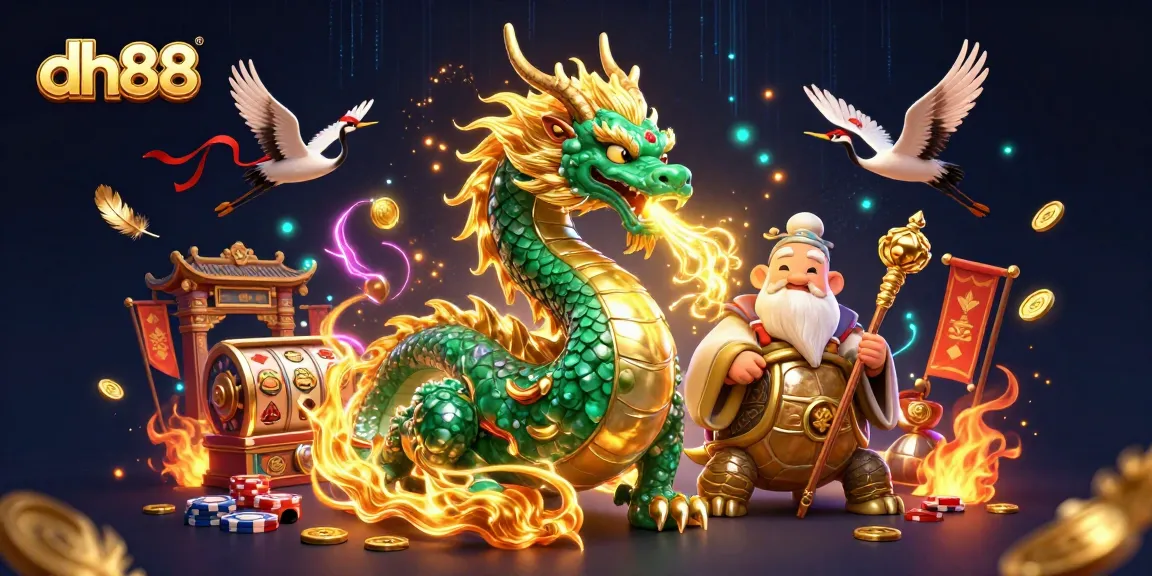 Experience thrilling gameplay at dh88 with a jade dragon and poker chips in a vibrant casino scene.