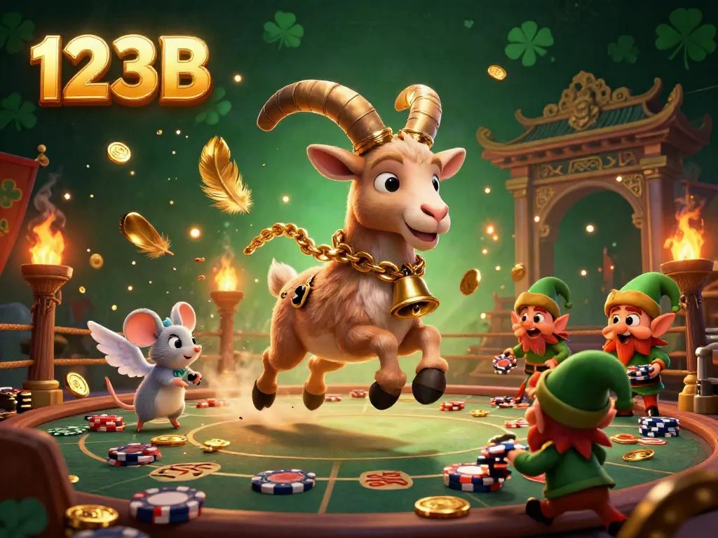 Engage with 123B's lively casino environment featuring a whimsical Krampus goat directing festive chaos surrounded by gremlins.