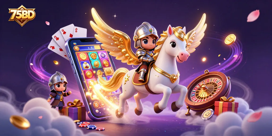 Experience the magic of 75BD with a celestial knight on a horse amidst vibrant casino themes.