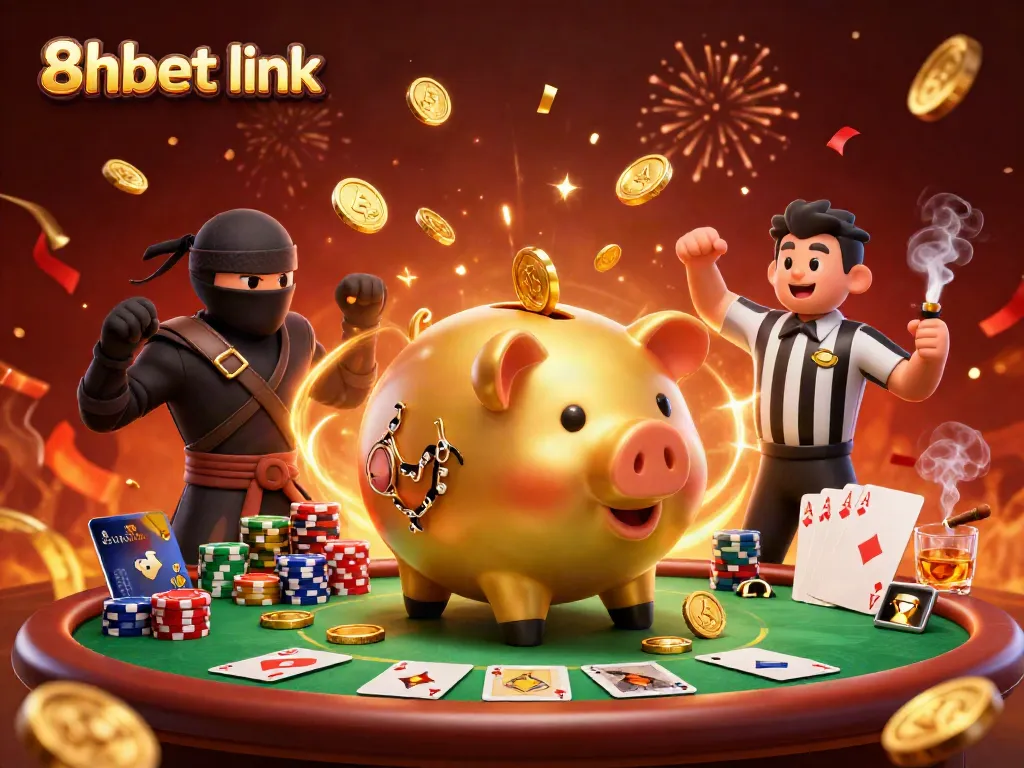 Experience vibrant wins at 8xbet link with a 3D casino scene featuring a golden piggy bank and dynamic characters.