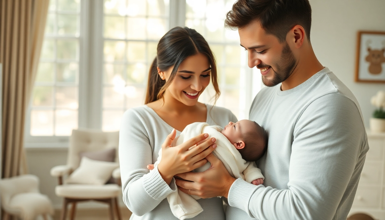 Family with new bornbaby enjoying a tender moment in a serene nursery setting.