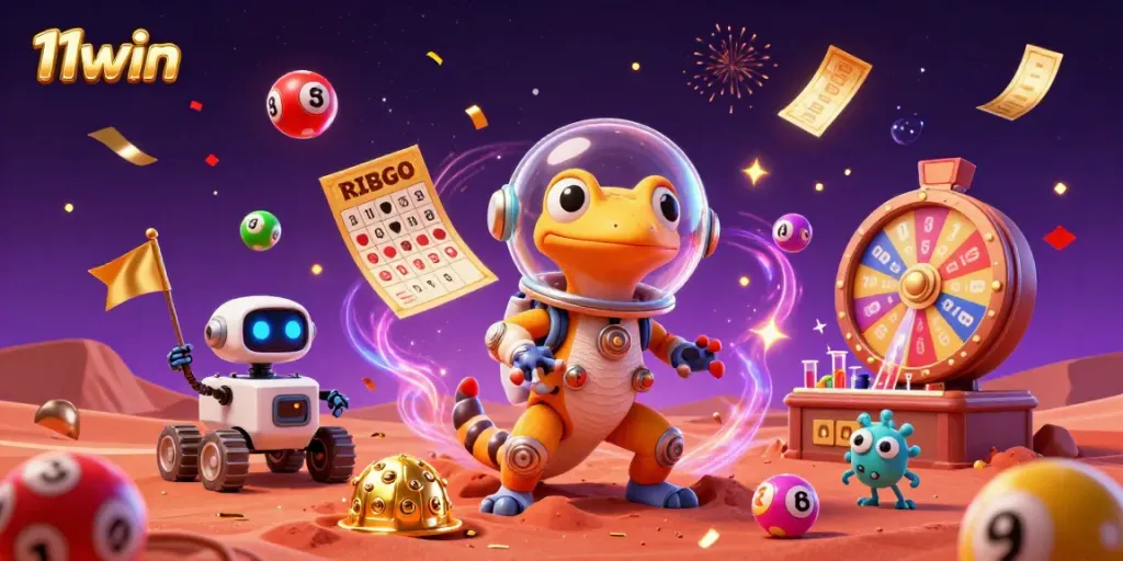 Experience the excitement of 11win in this vibrant 3D illustration, showcasing a Martian gecko discovering a golden casino.
