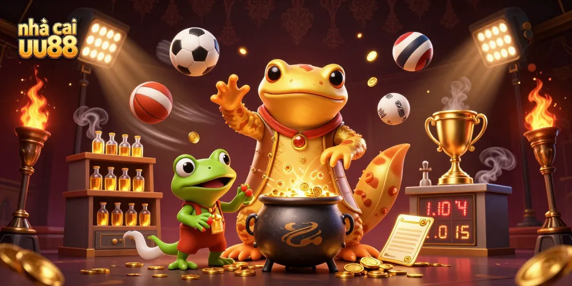 Play exciting games at nhà cái uu88, featuring a dynamic 3D scene with alchemist characters and sports elements.