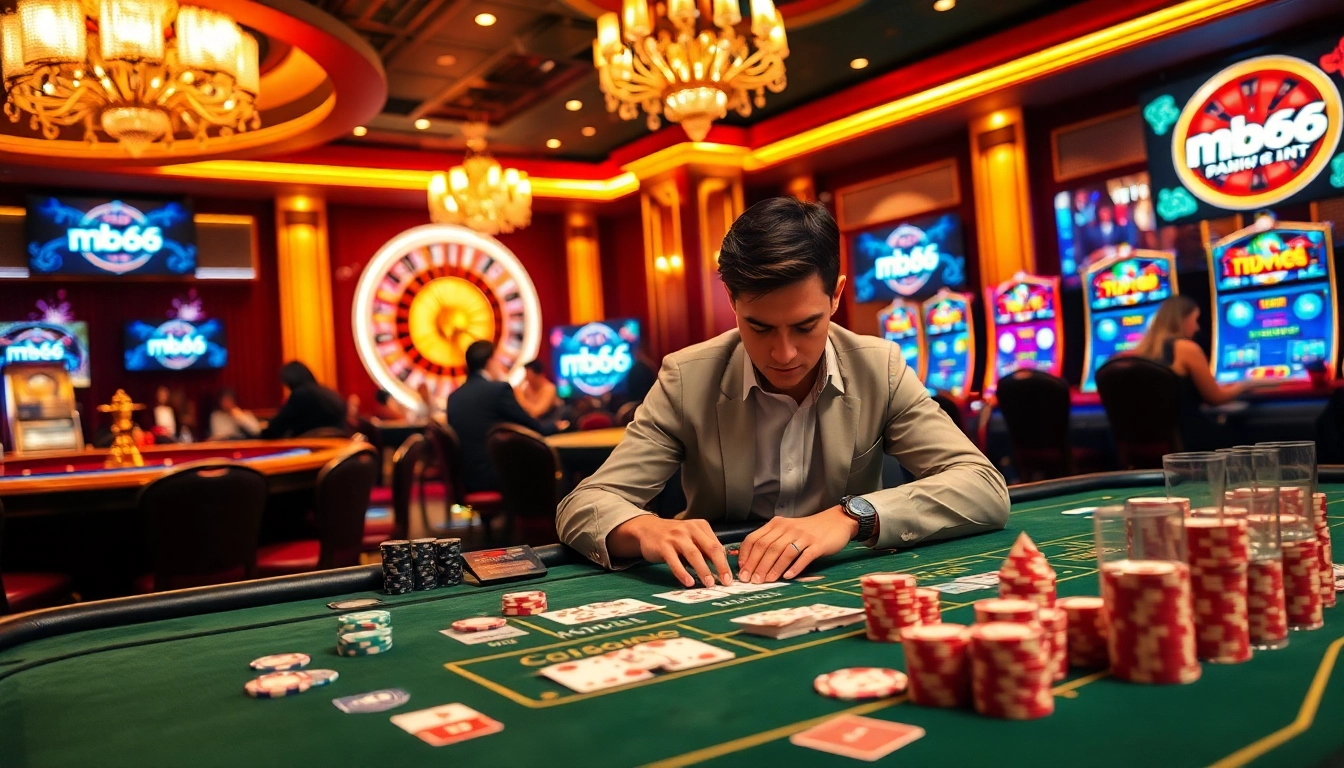 Experience thrilling gameplay at mb66 with vibrant casino elements like poker chips and a roulette wheel.