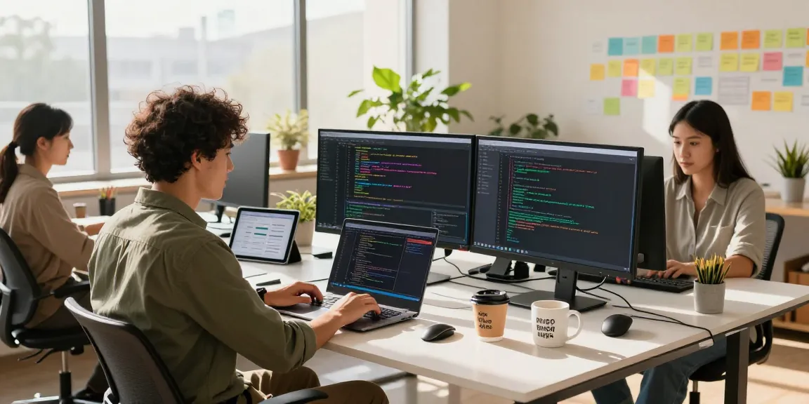 Diverse team working at a modern office space, showcasing the WPS Official Website during a productive software development session.