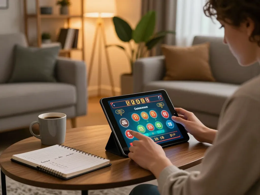 Person enjoying gaming session on lc88 com tablet in cozy living room with betting notes.