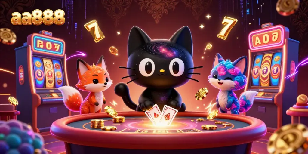 Spin the reels at aa888 with a playful black hole cat and its nebula fox companion in a vibrant casino scene.