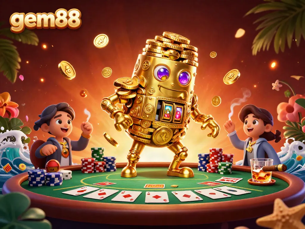 Experience the excitement of gem88 with a vibrant tableau of gold, poker chips, and dynamic characters.