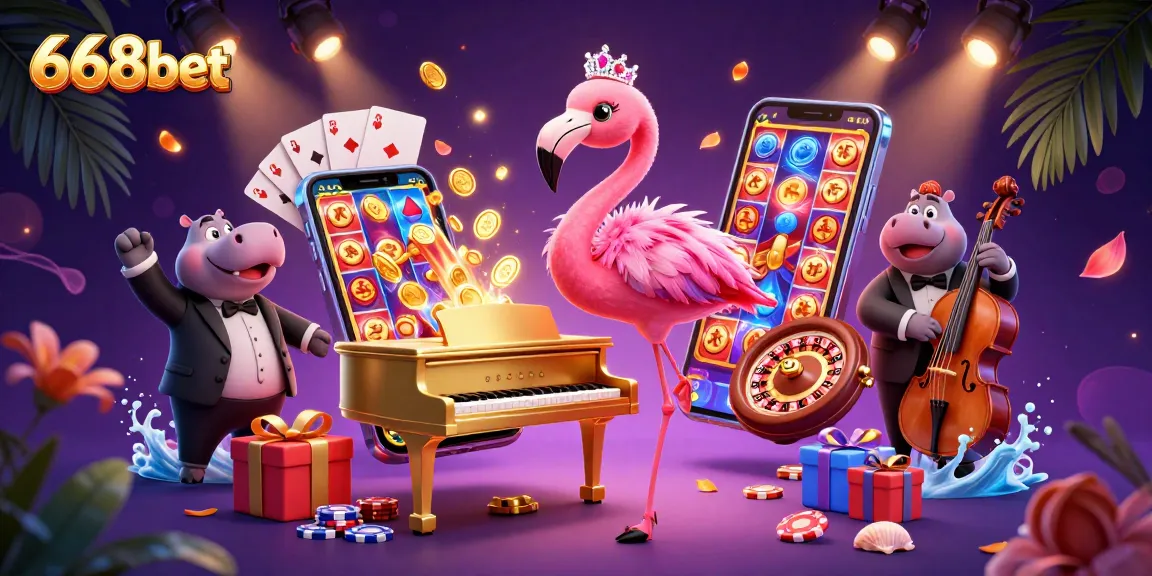 Experience the vibrant excitement at 668bet with lively characters and casino elements illustrating fantastic gaming.