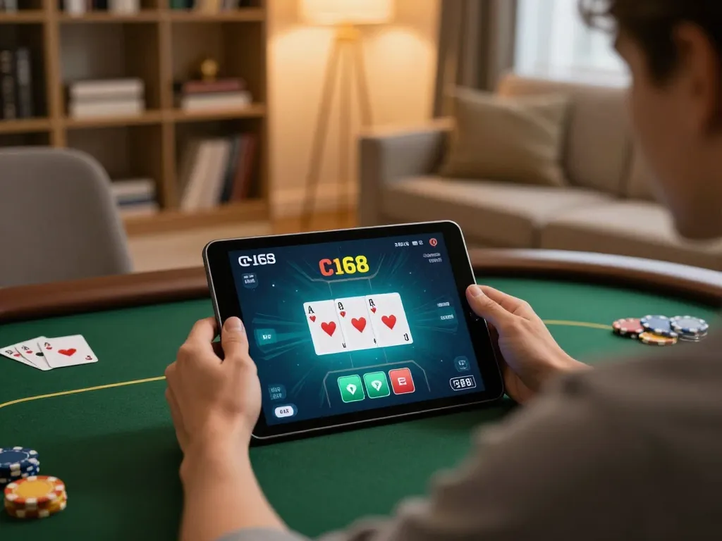 Player engaging in C168 poker game on tablet, showcasing dynamic betting action in a cozy home setup.