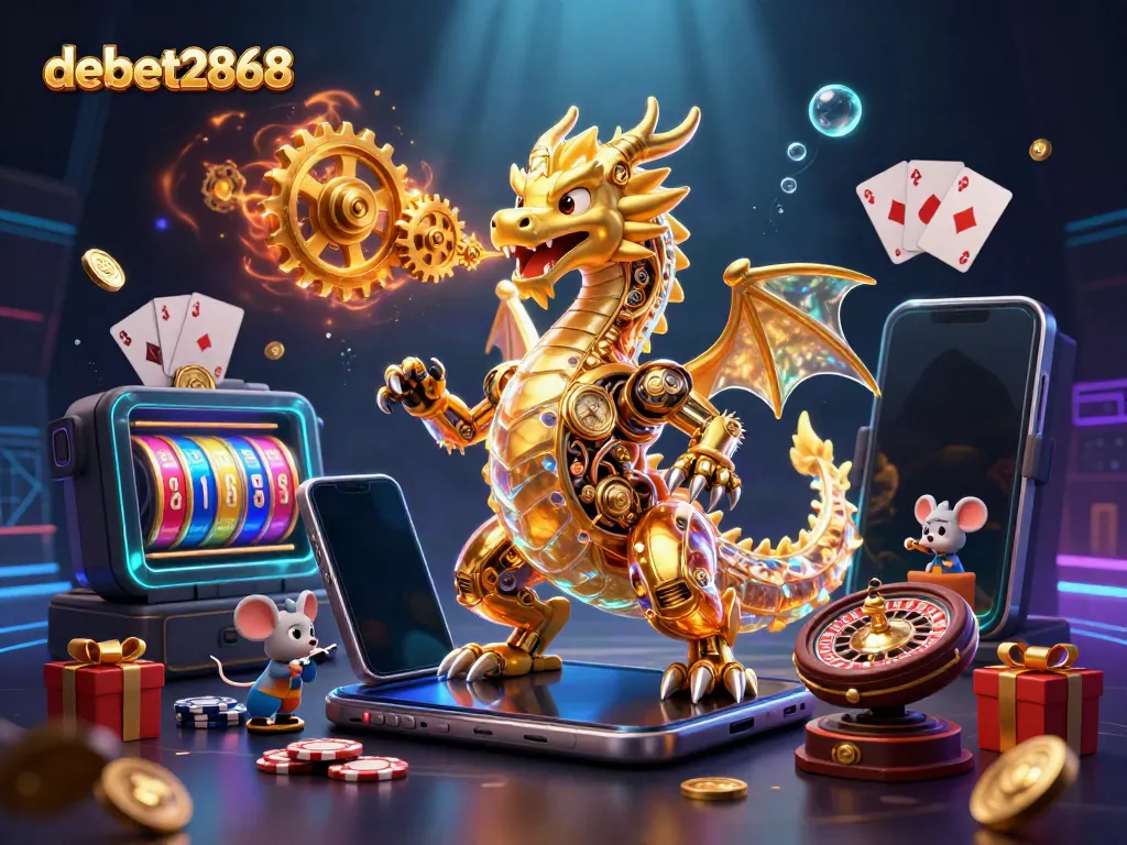 Join the action at debet2868 with a vibrant 3D casino scene featuring a golden dragon and thrilling game elements.