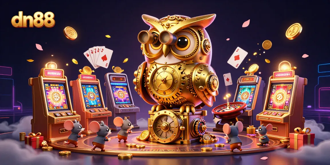 Create an exciting experience at dn88 with a vibrant scene of a clockwork owl and thrilling casino elements.