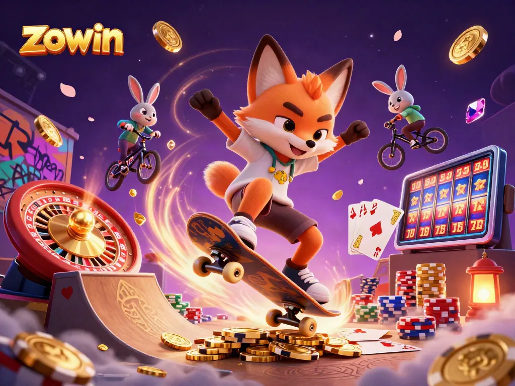 Zowin gaming illustration showcasing a skateboarder fox performing tricks with vibrant casino elements and rich visuals.