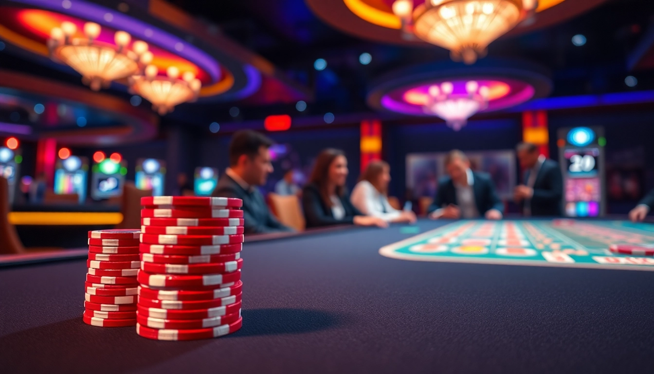 Spiele mit dem casino bonus ohne einzahlung neu an einem eleganten Tisch in einer lebhaften Casino-Atmosphäre.