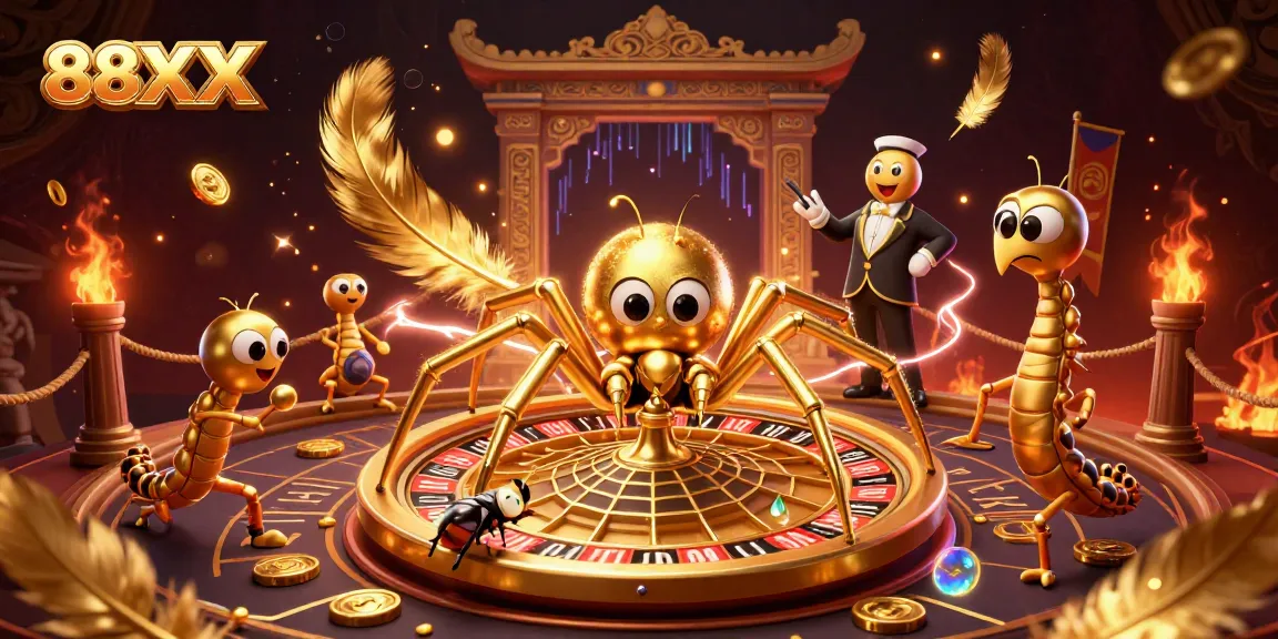 Engage with 88XX at a lively roulette wheel scene, featuring a golden spider and centipede croupier.