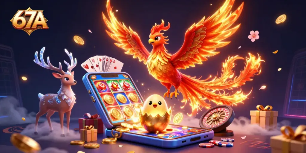 Spin in the 67A casino adventure, featuring slot games, a phoenix, and vibrant gaming elements.