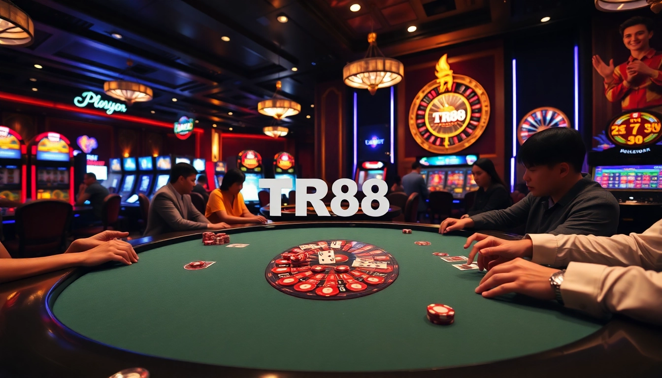 Players enjoy the thrill of poker at TR88's luxurious casino, surrounded by vibrant slot machines.