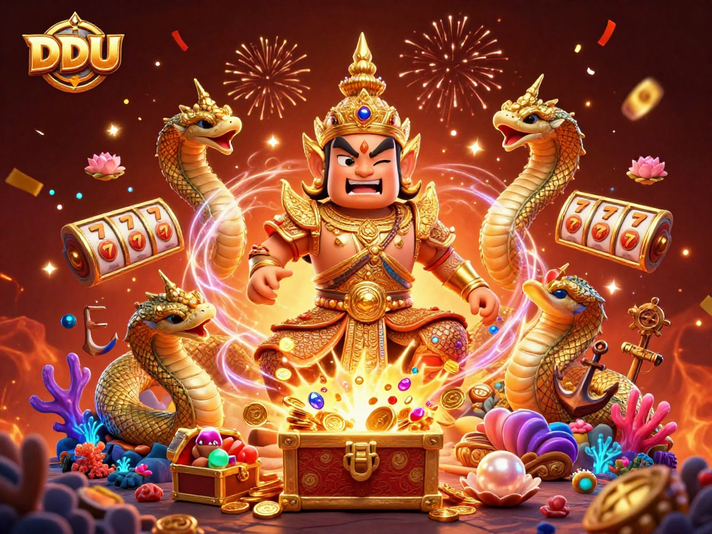 Experience the thrill of DDUU with vibrant slot reels and joyous festivities in this 3D scene.