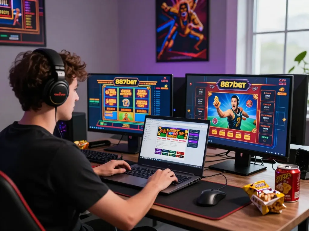 Engaged player enjoying games on 887bet platform with vibrant casino atmosphere.