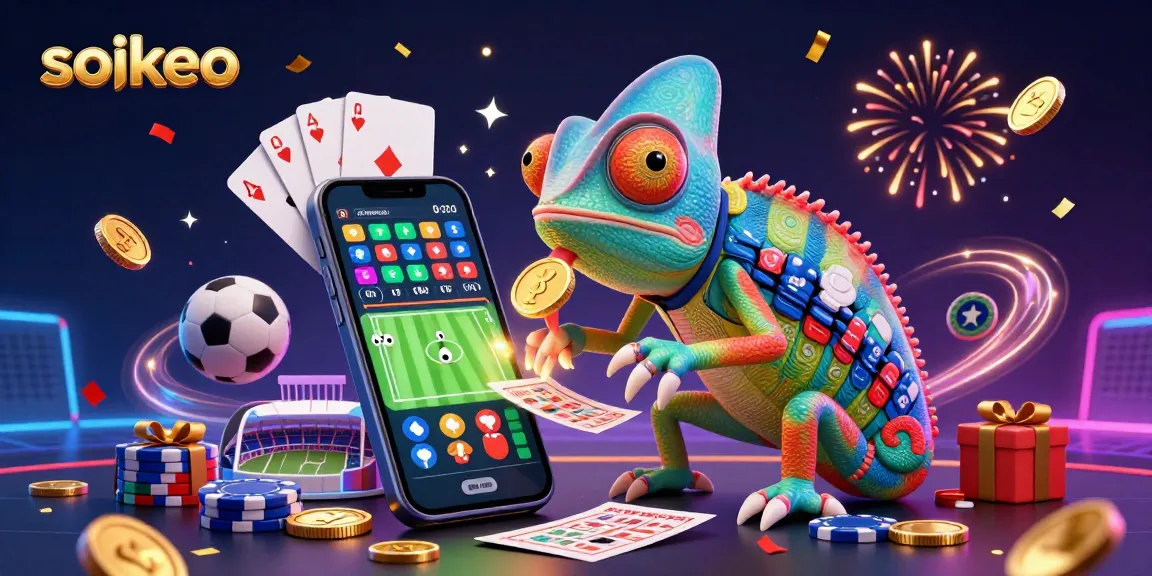 Engage with real-time sports betting insights on soikeo featuring a vibrant chameleon character in action.
