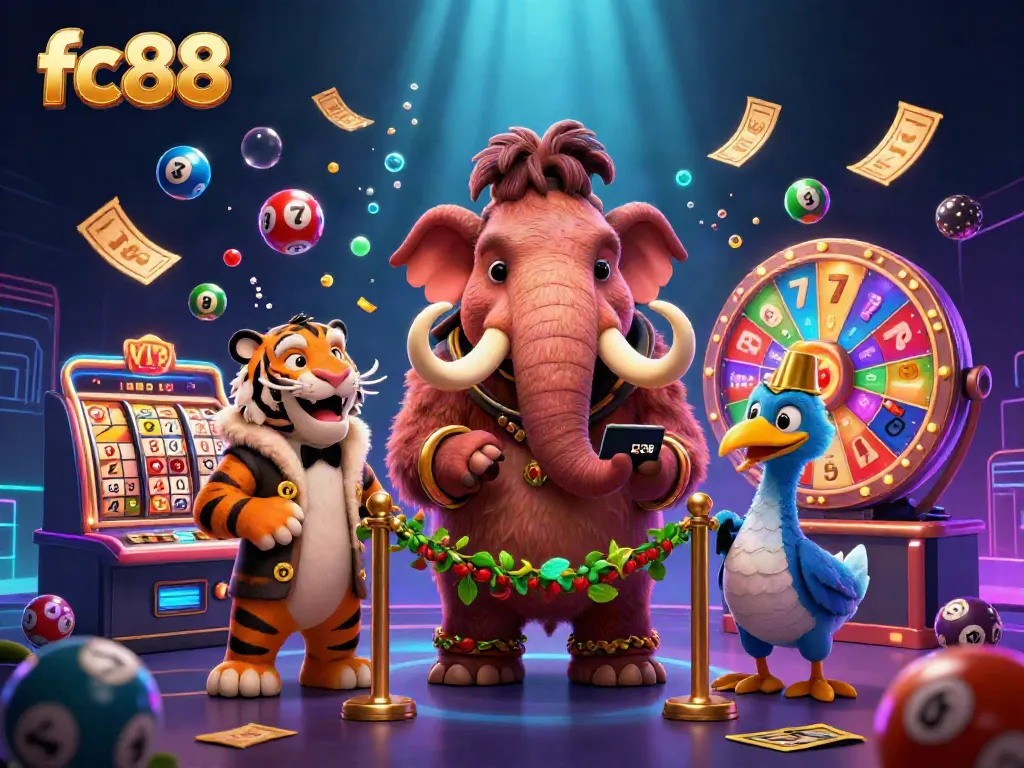 Engage with FC88's vibrant casino atmosphere featuring a mammoth bouncer and colorful gaming elements.