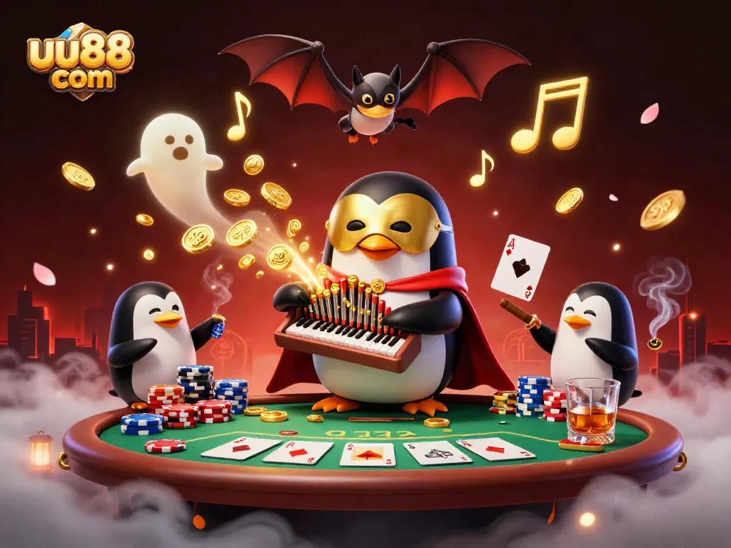 Engage with thrilling moments at uu88 com, featuring vivid 3D casino action with a penguin playing an organ amidst gold coins and poker elements.