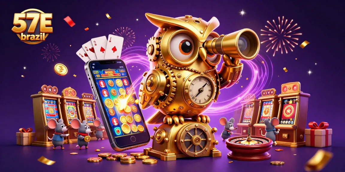 Experience the excitement of 57E Brazil with a vibrant 3D casino scene featuring animated characters and games.