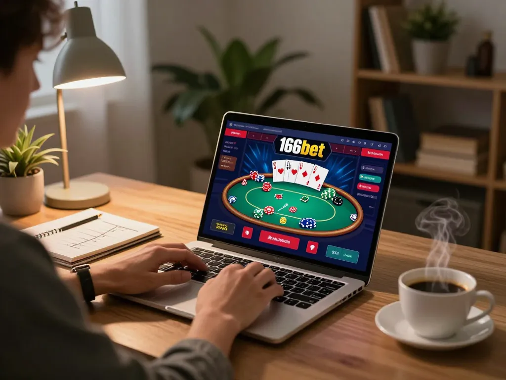 Jogador planejando estratégias no cassino online 166bet enquanto usa um laptop em um aconchegante escritório em casa.