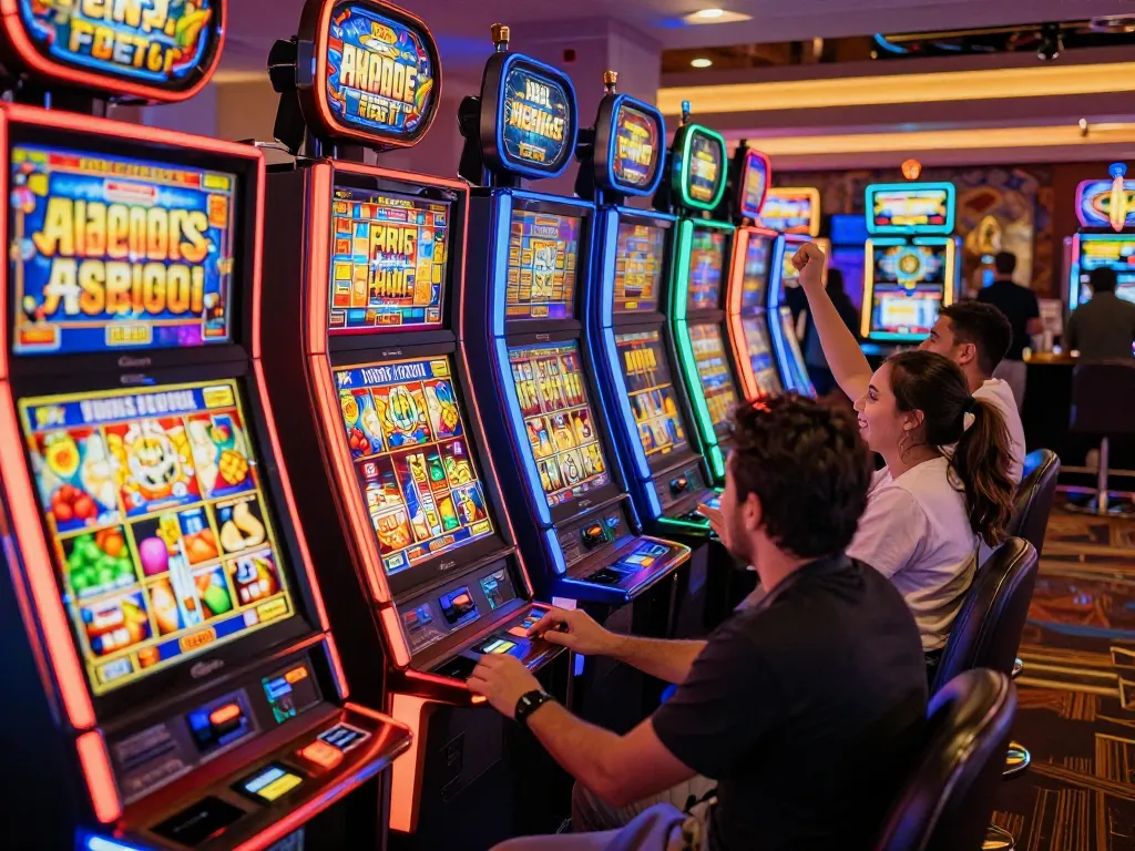 Players enjoying vibrant slot machines, showcasing excitement and engagement at 75W casino.