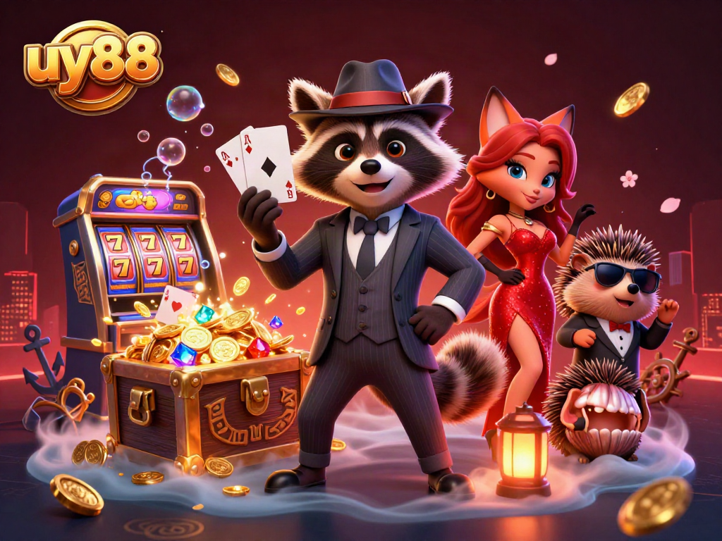 uy88 casino slots scene with raccoon, fox, and hedgehog enjoying a royal flush