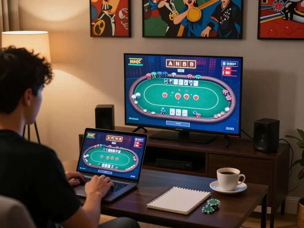 Engaging scene of a player enjoying game đổi thưởng on a laptop at home, featuring poker interface.