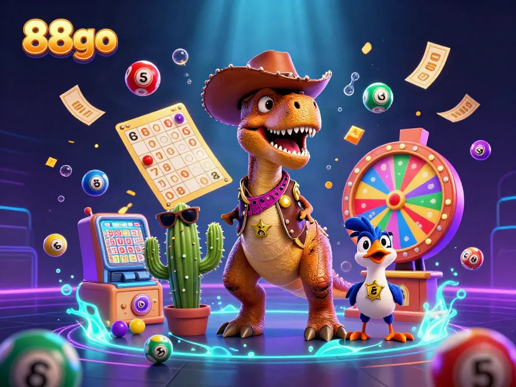 Engage with 88go in a vibrant 3D cartoon scene showcasing lively lottery elements and playful characters.