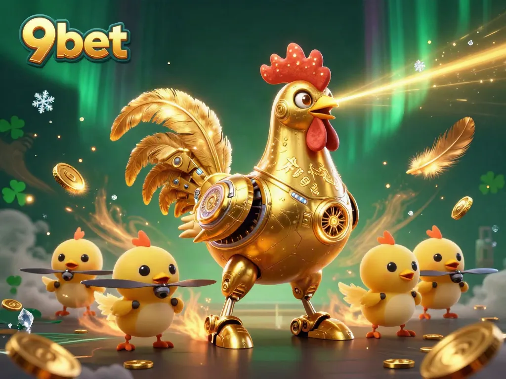 Engage with exciting gameplay at 9bet featuring a laser-eyed golden rooster robot amidst gold coins and feathers.