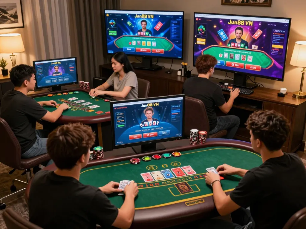 Players engaging in live dealer games on Jun88 VN online casino, showing excitement and strategy.