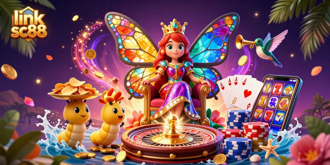 Win big at link sc88 with an exciting 3D illustration of a butterfly queen and gaming elements.
