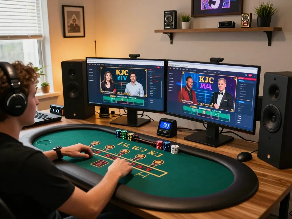 Engaging live dealer game on the KJC website showcasing online blackjack strategy in a cozy gaming setup.